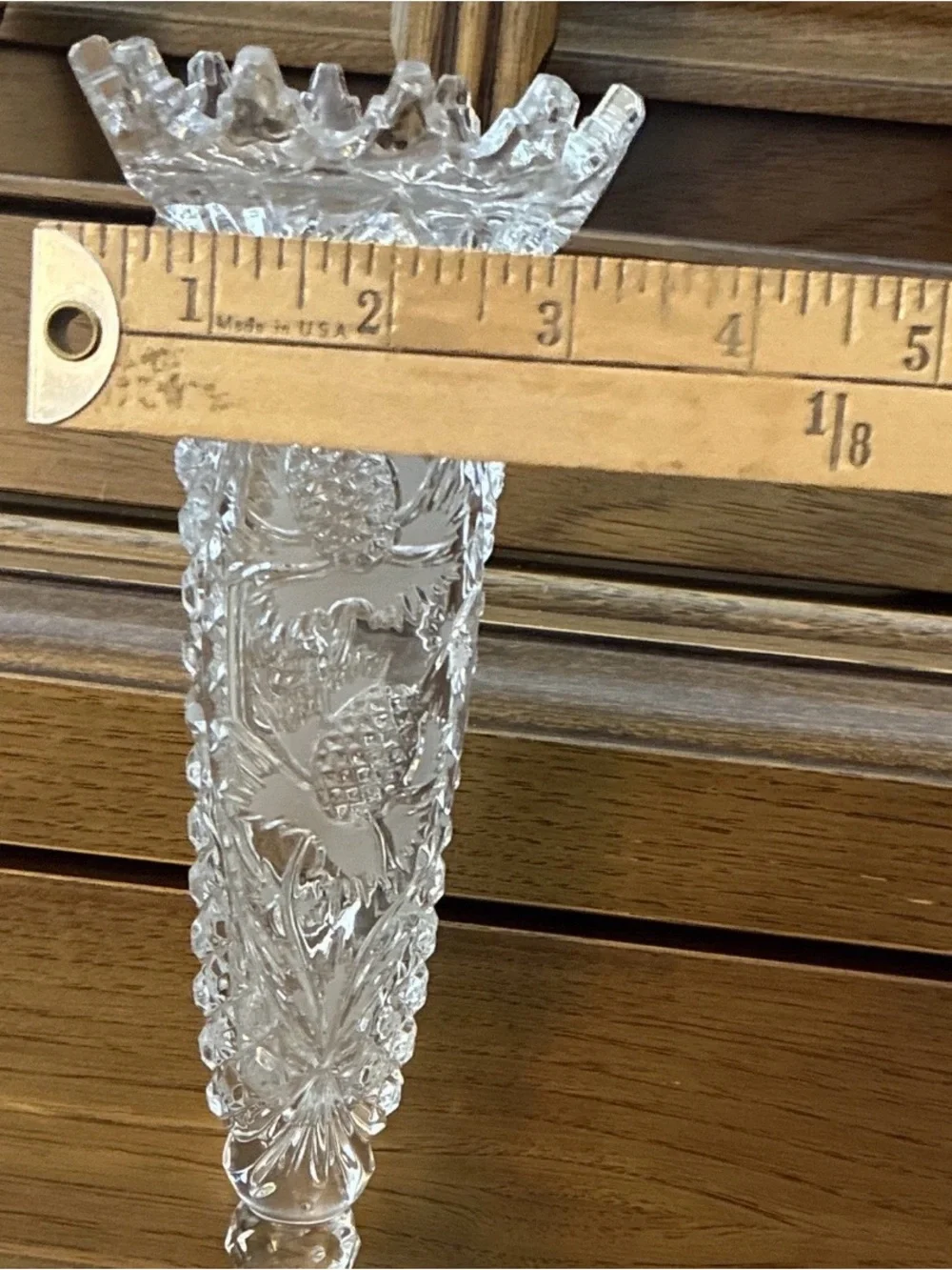 Hofbauer Crystal Vase 9.5” West Germany Botanical Sawtooth Rim RARE Pinecone
